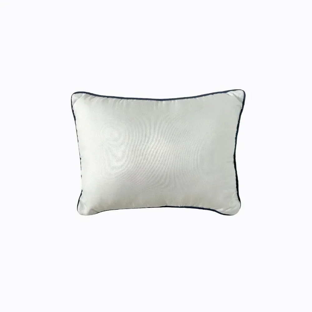 Floral Embroidered Lumbar Pillow Cream Blue Piped Boutique Decor Country Coastal